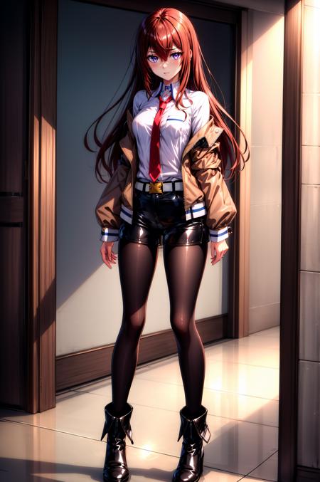 makise kurisu, purple eyes, brown hair, long hair, between eyes, long sleeves, white shirt, open clothes, necktie, shiny, collared shirt, belt, off shoulder, shiny hair, black pantyhose, short shorts, black shorts, red necktie, brown jacket, ankle boots,