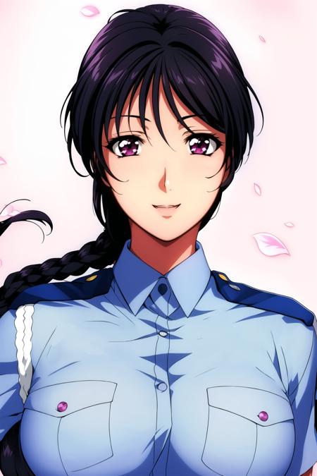 (day),White Background,blue sky,
Standing at attention,dynamic pose,
policewoman, Blue police uniform, short sleeves,shirt,
<lora:Miyuki_Kobayakawa_Arrest-KK77-V1:0.7>,
<lora:Mariana_Luciano_NON_VIRGIN-KK77-V1:0.3>,<lora:more_details:0.1>,
black hair, bow, braid,long hair,purple eyes,
1 girl, 20yo,Young female,Beautiful Finger,Beautiful long legs,Beautiful body,Beautiful Nose,Beautiful character design, perfect eyes, perfect face,expressive eyes,perfect balance,
looking at viewer,(Focus on her face),Light_smile,
official art,extremely detailed CG unity 8k wallpaper, perfect lighting,Colorful, Bright_Front_face_Lighting,shiny skin, 
(masterpiece:1.0),(best_quality:1.0), ultra high res,4K,ultra-detailed,
photography, 8K, HDR, highres, absurdres:1.2, Kodak portra 400, film grain, blurry background, bokeh:1.2, lens flare, (vibrant_color:1.2),professional photograph, 
(Beautiful,large_Breasts:1.4), (beautiful_face:1.5),(narrow_waist),