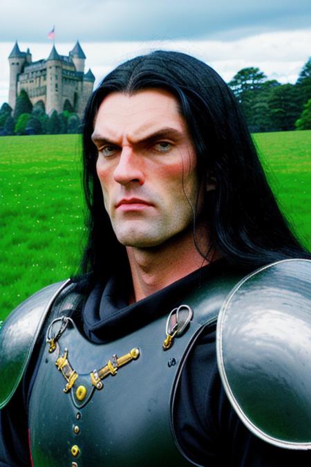 a tall muscular man, in knights armor, perfect face, clear eyes, long black hair, perfect day, ancient castle in the background, midnight in feudal england, (people in the background), candid, amateur, raw, 8K, uhd, masterpiece, close up, [smiling:0.8], <lora:peterSteele:1>