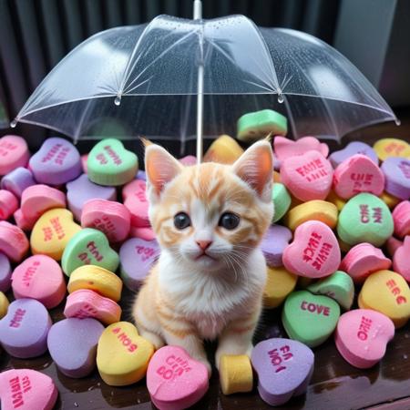 score_9, score_8_up, score_7_up, masterpiece-level, highly detailed, fantasy-themed, antho cat, chibi cat, chibi antho cat, cute animal focus, really cute animal, cute focus, intricate details, vibrant and hilariously relaxed aesthetics, (rain made from candyhearts,:1.5) , tiny candy hearts poaring, (raindrops made from candyhearts,:1.5) holding, umbrella:2, raining, kitten:2, standing, photorealistic render with Warframe aesthetic, dramatic lighting, best quality, plastic umbrella, (raindrops made from candyhearts:1.5)visible to shelter protecting a tiny, shivering calico kitten kitten nestled in a dark, atmospheric alleyway between high-tech buildings, (rain made from candyhearts:1.5) pouring down dramatic nighttime lighting, illuminated primarily by streetlights and the focusing on the kitten huddled safely, cute kitten, protection, rainy night, umbrella, juxtaposition, touching moment, sci-fi elegance, masterpiece, best quality, best quality, absurdres, 8k, HDR, <lora:albrecht_labs:1>