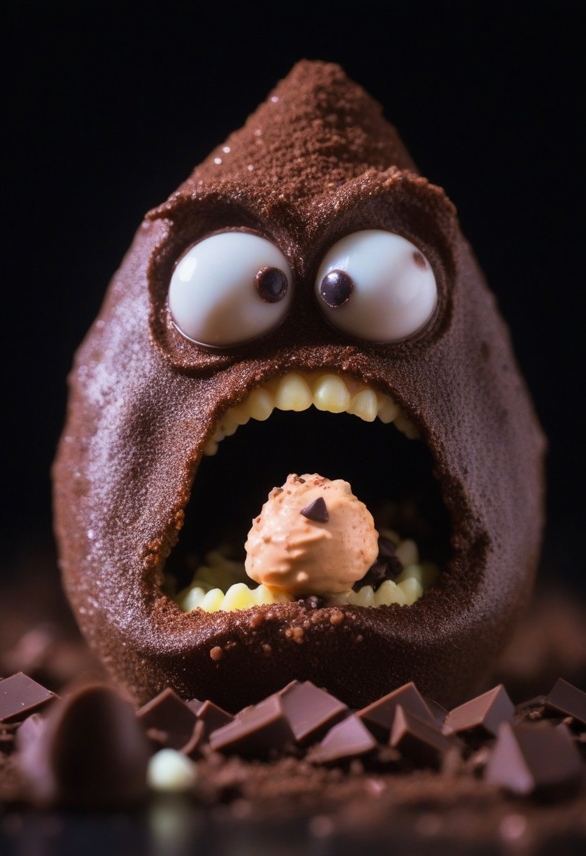 A gnome with googly eyes, eating excessive chocolate goo, sharp chocolate teeth, rage extraterrestrial inside it, in space. surrounded by chocolate chips, Close up, blurry background. glowing dust in mouth
zavy-flrscnc, fluorescent, fluorescent spraypaint,