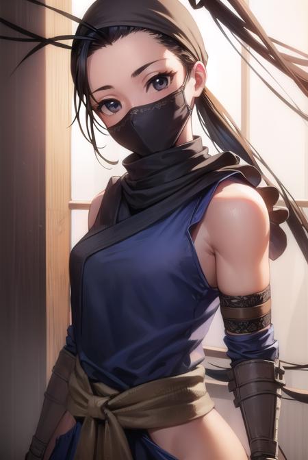 ibuki, (black eyes:1.5), black hair, long hair, ponytail, bandages, bandana, covered mouth, fingerless gloves, gloves, half mask, hip vent, japanese clothes, mask, mouth mask, ninja,