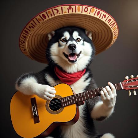 a husky wearing a sombrero is playing guitar