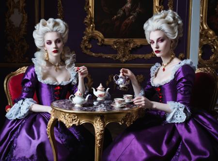 2 women sitting by a table drinking tea,baroque furniture,baroque style purple dress,large white baroque hair,
pale skin,vampire,red lips,red eyes,
Baroque,