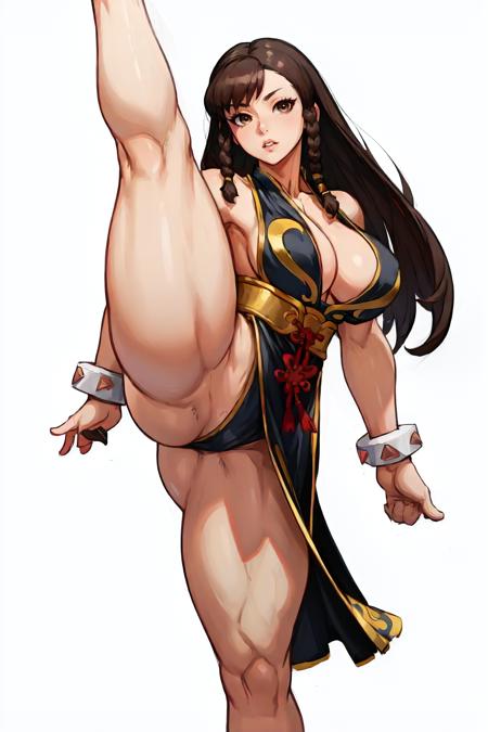 <lora:BattleD_Chunners-DEF:0.7> battledress, braid sidelocks, black chinese dress, solo, brown eyes, chun-li, long hair, bracelets, white background, white footwear, curvy, thick thighs, holding one leg up <lora:StandingSplitDEF:0.6>, perfect, sharp, masterpiece, detailed, high resolution, best quality,