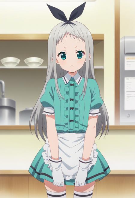  hideri, long hair, aqua eyes, black hairbow, grey hair, male focus, choker, otoko no ko,  frills, puffy sleeves, white gloves, black footwear, apron, white thighhighs, puffy short sleeves, black hairbow, waist apron, white apron, crossdressing, frilled apron, center frills, waitress,  white dress, skirt, bow, ribbon, black hairbow, choker, striped, zettai ryouiki, cosplay, otoko no ko, striped thighhighs, blue jacket, open jacket,