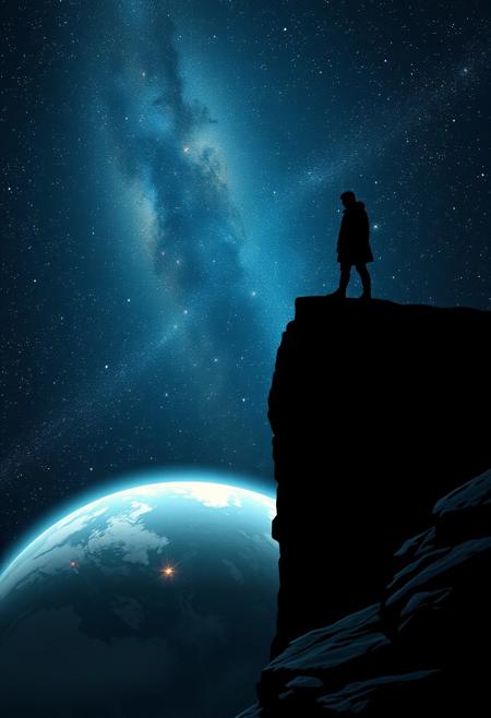 One shadowy figure standing on the edge of a cliff in space in solitude, gazing down at a planet below woundering if he's alone in the vast cosmos of reality ,  stars and galaxies  fill the background in representation of the deep endless sadness and loneliness that fills him to the core, with an unshakable dread that he is truly alone