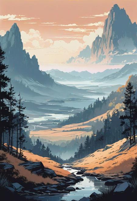 epic landscape, animation style, vectoring, high detailed, ink painting, melancholy colour palette, muted pale light faded colors, a complex composition,