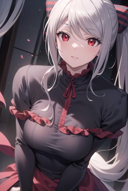 shalltear, grey hair, long hair, (red eyes:1.5), silver hair, black dress, bonnet, bow, dress, frilled dress, frills, large bow, long sleeves, vampire,