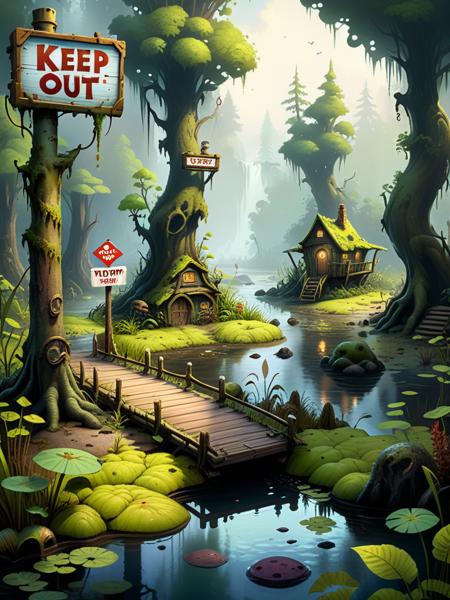 <lora:SS02ImpressionisticPainting_Hap_XL:1.5>,Thomas Kinkade style, <lora:add-detail-xl:0.00001> ,oil painting, a cartoon scene of a swampy area with a sign that says keep out, concept art by Rube Goldberg, deviantart contest winner, underground comix, 2d game art, concept art, playstation 5 screenshot <lora:add-detail-xl:1>, <lora:xl_more_art-full_v1:0.75>ï¼