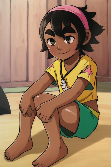 <lora:KoaSummerInMara-10:0.8>, 1girl, KoaSummer, black hair, short hair, pink hairband, thick eyebrows, black eyes, dark skin, tan, necklace, yellow shirt, green shorts, barefoot, smile, happy, indoors, ((masterpiece)), (best quality), 8k, ultra-detailed, absurdress, beautiful, highres