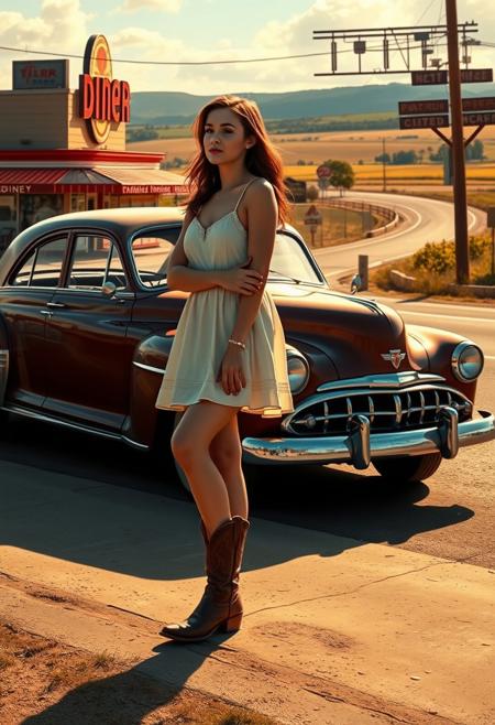 A high-resolution stock photo depicting a classic American small town scene bathed in a warm glow. A young woman with fair skin, in a sundress and cowboy boots, leans against a vintage car, looking pensively into the distance.  The background shows a diner, road, and fields,