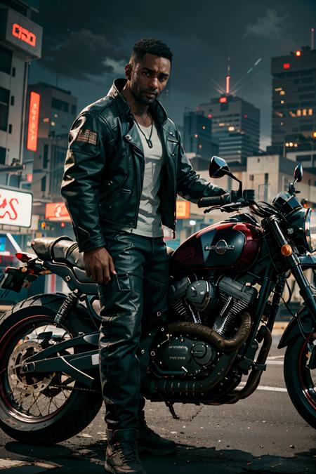 (masterpiece:1.2), (best quality:1.2), (high resolution:1.2)
<lora:epi_noiseoffset2:1>, 
 <lora:CyberReed:0.8>
CyberReed, 1boy, dark-skinned male, buzz cut, Posing by a classic motorcycle, clad in rugged biker attire, with an adventurous spirit