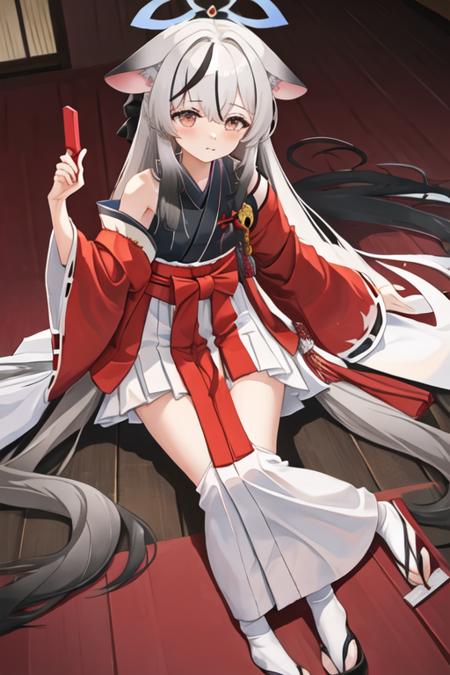 best quality, masterpiece, highres, solo, {white kimono:1.35}, {red hakama:1.35}, {wide sleeves:1.20}, {kokona_bluearchive:1.15}, animal_ears, grey_hair, long_hair, multicolored_hair, black_hair, halo, streaked_hair, bangs, blush, breasts, brown_eyes, small_breasts, striped, hair_between_eyes, very_long_hair, vertical_stripes