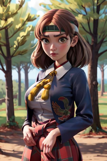 chiyodakc,  headband,  1girl, solo, outside, trees,  huge breasts,  <lora:ChiyodaKCLora-07:1>, grey blazer, bird pattern, plain red hakama skirt, gold tassel, white shirt,