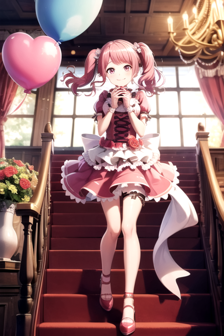 <lora:Ayaya-10:0.7>,ayaya, 1girl, solo, looking at viewer, smile, hair ornament, gloves, dress, bow, ribbon, twintails, jewelry, standing, full body, pink hair, flower, short sleeves, hair bow, heart, earrings, frills, shoes, choker, puffy sleeves, indoors, pink eyes, blurry, puffy short sleeves, hands up, rose, frilled dress, own hands together, curtains, frilled sleeves, red flower, pink dress, light particles, pink flower, backlighting, pink ribbon, beads, bouquet, stairs, railing, pink footwear, dot nose, back bow, cross-laced clothes, layered dress, balloon, wide shot, pink theme, pink rose, waist bow, too many, stage, pearl (gemstone), chandelier, ankle strap, heart balloon