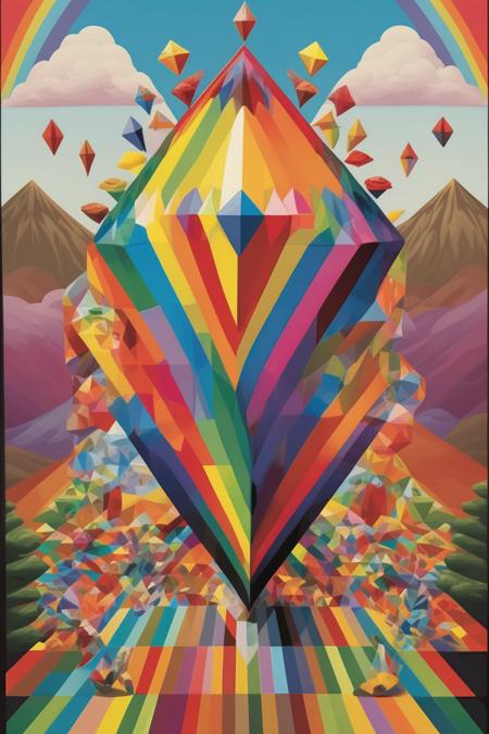 <lora:Okuda San Miguel Style:1>Okuda San Miguel Style - an enormous diamond radiating rainbow colors. In the style of Josh Agle.