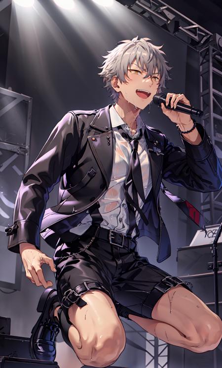 <lora:koga:0.6>,1boy, gold eyes,detailed eyes,:d, teeth, shirt, necktie,wet,jacket, suspenders, shoes, beads, thumb ring, bead bracelet, male focus,stage, stage lights, singing,night background, lapels,ray tracing,(god rays),plants,lapels,ray tracing,(god rays)