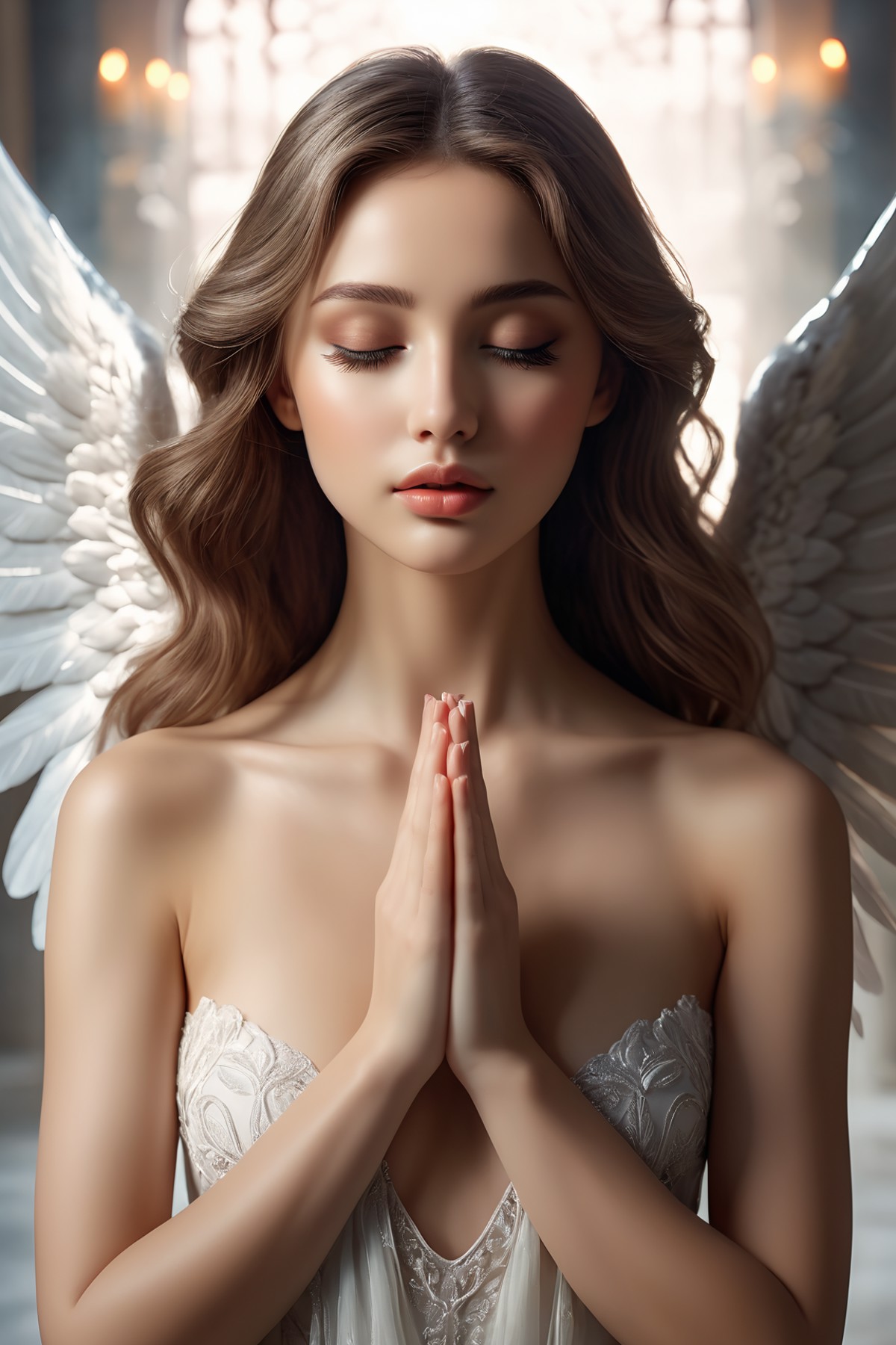 eyes closed looking upside, praying hands, beautiful angel wiht large wings, perfect hands, perfect fingers, (realistic, p...