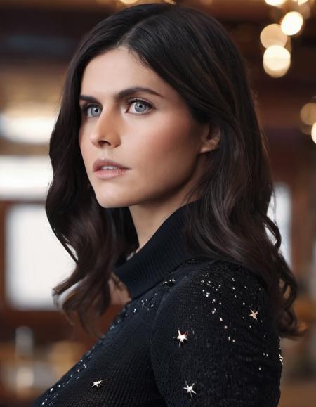 breathtaking (closeup:1.2), skswoman, elegant 1girl, solo, looking at viewer, black hair, shirt white turtleneck, jewelry, serious look, long hair,  background blurry bar, realistic, wet lips, professional, 4k, highly detailed  <lora:Alexandra Daddario:0.9> . award-winning, professional, highly detailed