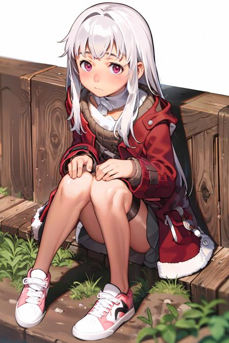 klara,1girl,white hair,long hair,red eyes,red coat,white shirt,long sleeves, dress,thigh strap,