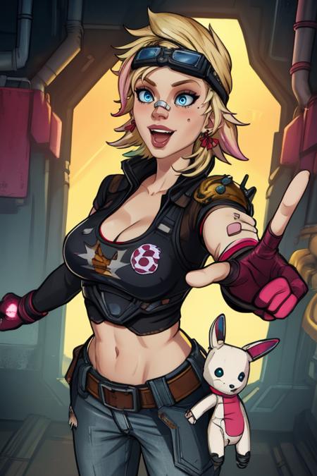 Tina, short hair, blue eyes, solo, standing,  reaching out,  smile, open mouth,  blushing, 
TGear, belt,pants,goggles on head,midriff,gloves,earrings,fingerless gloves,sneakers,stuffed toy,bandaid on face,jeans,hair ribbon,cleavage, close up, crop top,   
western bar, wastelands,  cyberpunk, 
(insanely detailed, beautiful detailed face, masterpiece, best quality)   <lora:Tina:0.8>