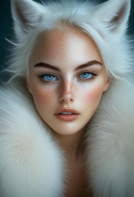 The image is a hyper-realistic digital artwork created in a photorealistic style, focusing on a close-up portrait of a young woman with striking, ethereal features. She has pale, almost translucent skin with a subtle, delicate scattering of freckles across her cheeks and nose. Her piercing, almond-shaped eyes are a striking light blue, almost glowing in the soft, ethereal lighting. Her hair is platinum blonde and wild, cascading over her face and shoulders, blending into the white fur of a large, mystical-looking white fox that wraps around her face and neck.rockabilly style, realistic, 1girl, looking at viewer, wolf, slit pupils, animal, close-up, solo, white hair, portrait, 1950's