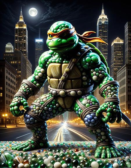 made of glass photo, teenage mutant ninja turtle made from marbles, city at night,  <lora:Marbles_World_r1:1.0> <lora:DetailTweakerXL:2.0> <lora:dark:0.6>