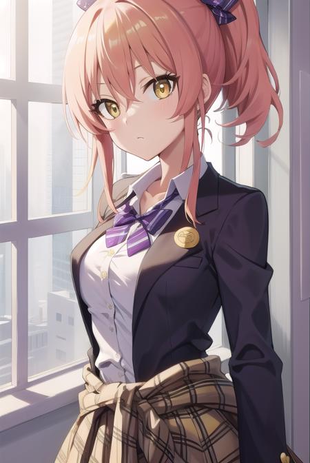 mikajougasaki, <lora:mikajougasakitest:1>, mika jougasaki, hair bow, long hair, pink hair, (yellow eyes:1.5),
BREAK badge, bow, bowtie, button badge, clothes around waist, collarbone, collared shirt, diagonal-striped bow, gyaru, high ponytail, jacket, jacket around waist, jewelry, kogal, plaid, plaid skirt, purple bow, purple bowtie, purple jacket, purple skirt, ring, school uniform, shirt, simple background, single wrist cuff, skirt, sleeves rolled up, white shirt, wing collar, wrist cuffs,
BREAK looking at viewer,
BREAK classroom,
BREAK <lora:GoodHands-vanilla:1>, (masterpiece:1.2), best quality, high resolution, unity 8k wallpaper, (illustration:0.8), (beautiful detailed eyes:1.6), extremely detailed face, perfect lighting, extremely detailed CG, (perfect hands, perfect anatomy),