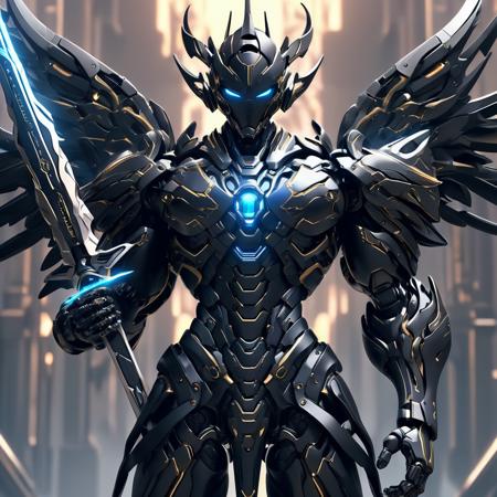 1man. male, solo, wearing black tech armor, holding glowing tech weapon infront of him, holding glowing tech sword, robot wings,  simple glowing background , HD, masterpiece, best quality, hyper detailed, ultra detailed,