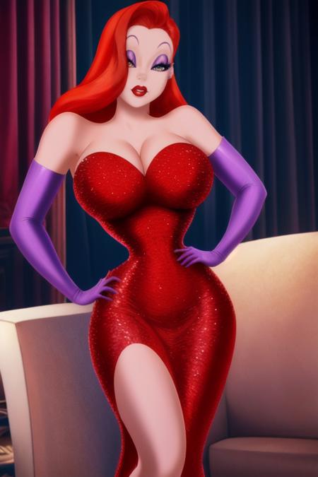 photo of jessicarabbit character woman wearing red dress , violet gloves ,   high res, (detailed realistic image:1), (detailed eyes, beautiful expressive eyes:1), impasto impressionism, insane details, soft,  pupils, (expressive face, detailed face:1), (realistic:1), (photorealistic, photo-realistic:1), full color, (3d:1), (highly detailed:1.2), masterpiece, 8k uhd,    <lora:jessicarabbit:1>