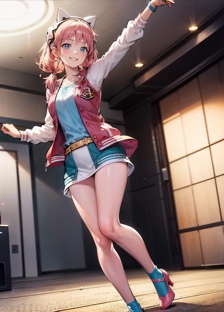 masterpiece, official art, dynamic angle, 1girl, full_body:1.4, irissagan,  <lora:irissagan-15:1>, smiling, indoors show stage rock pop music concert, jacket, pink heels, blue socks, low twintails, headset