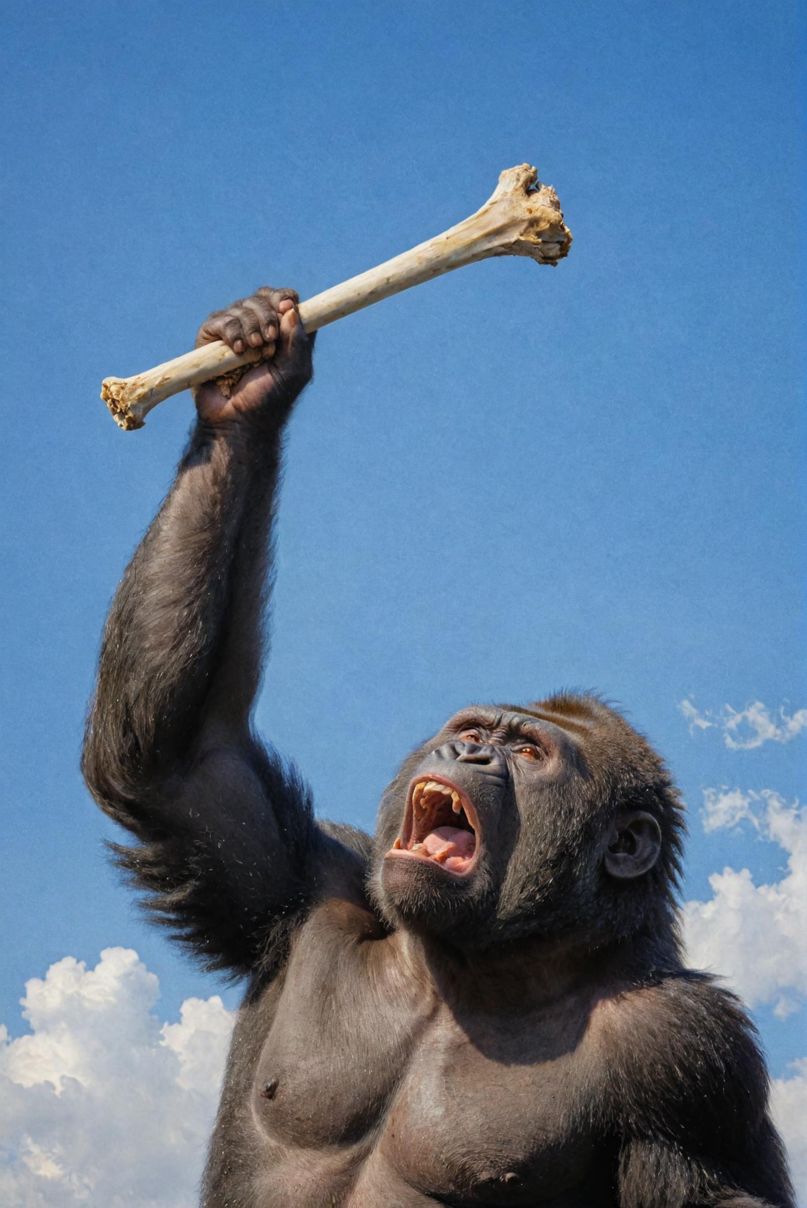 A gorilla with its mouth open holding a bone in its hand.