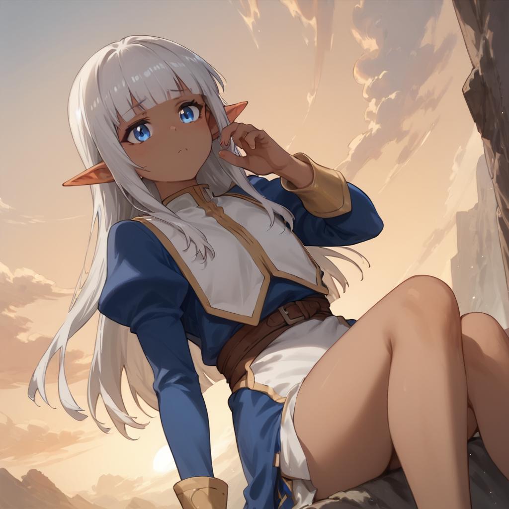 score_9,score_8_up,score_7_up,score_6_up,score_5_up,score_4_up,1girl,long hair,blue eyes,sidelocks,grey hair,pointy ears,dark skin,blunt bangs,dark-skinned female,elf,dark elf,karla \(kono healer mendokusai\),kono healer mendokusai,<lora:Karla1024_Pony:1>,sitting on a cliff,sunset,cinematic_angle,<lora:Expressive_H:1>,