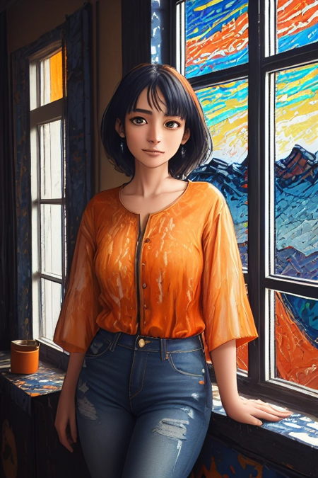 knees,  'jeans short',  ('orange to blue color gradient blouse':1.375),  shy smile,  'Light Brown Eyes',  'black hair',  'indigenous woman',  ('night sky Impasto Painting in the background':1.5),  'By the window', 'side Light from the Window', ('hard Light', 'hard shadows':1.5), (dark in the background:1.5)