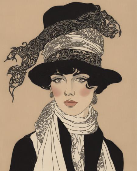 a drawing of a woman with a hat and scarf on her head and a black hat on her head, Aubrey Beardsley, art nouveau fashion embroidered, an art deco painting, art nouveau