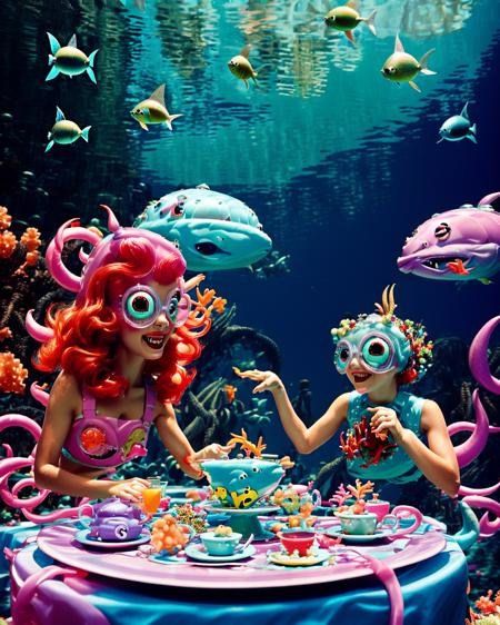 A whimsical underwater tea party hosted by mermaids, colorful fish and aquatic creatures joining in the festivities, captured in a playful and vibrant illustration that radiates joy and imagination.  , <lora:Creepy_Journey:1>