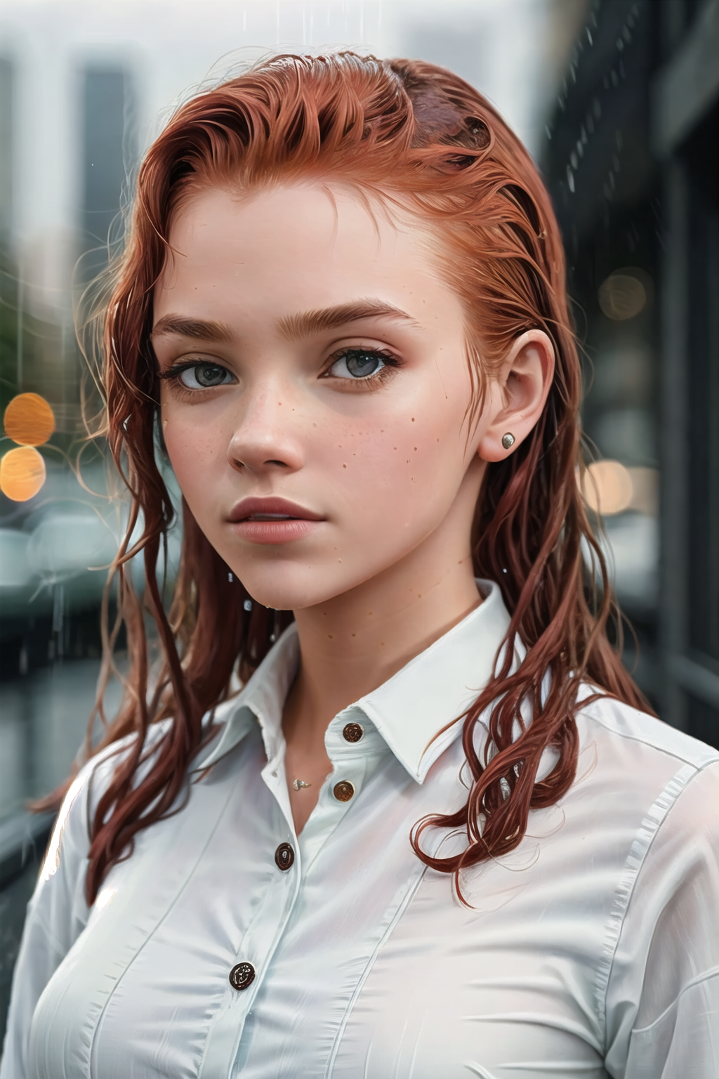 (DollieNobodySD15:0.8) beautiful ginger woman wearing a business suit long sleeve button shirt caught in the rain curly re...