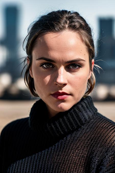 a face picture of  MonicaRaymundV4-900 (with black sweater:1.2), ((front view)), red lips, and a ((close up:1.3)),  background is city ruins, (high detailed skin:1.2), 8k uhd, dslr, soft lighting, high quality, film grain, Fujifilm XT3