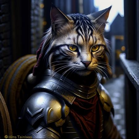 <lora:RPGTabaxi:1.0> tabaxi:1.2, yellow eyes, dark fur, solo, looking at viewer, armor, blurry, blurry background, realistic:1.3, medieval alley