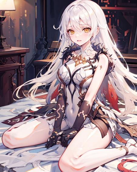 1girl,sohp, <lora:SustainerHeavenlyPrinciplesV1[sohp]:1>,long_hair, absurdly long hair, large breasts, ((wariza)),(v_arms:1.4),(hand between legs:1.3),tears,indoors,on_bed