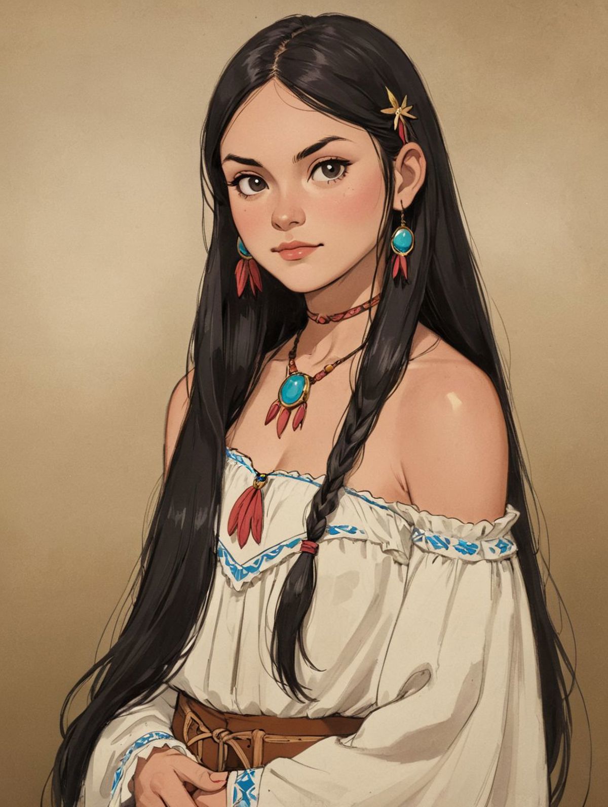 An illustration of a girl with long hair, wearing a white dress with blue accents, and accessories such as earrings and a necklace.