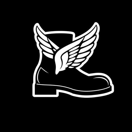 (stylized logo, emblem, vector art), (symbol of a boot with a wing), (solid colors, thick-linework), white outline, black background, 
boot with a wing symbol white in the center, heraldic, black background, HDR, UHD,