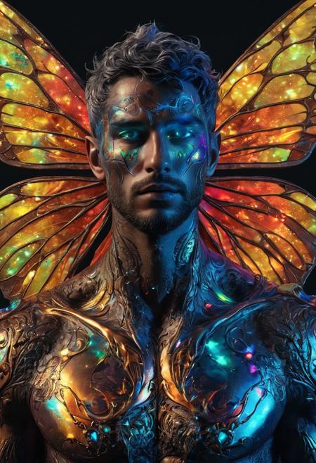 Fantasy man celestial entity, whole body view, surrealism, alcohol ink, double exposure, godly aura, energy body, perfect face, glowing eyes, alluring, holografic colours, orbs of magic, fairy wings, outer space, 8k, UHD, masterpiece, hight resolution, delicate detail, hyper realistic, highly detailed, perfect composition, gorgeous, beautiful, detailed, insanely detailed, octane render, trending on artstation, 8k artistic photography, photorealistic, concept art, soft, natural, volumetric, cinematic, natural light, sf, intricate artwork