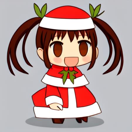 <lora:padoru-v1-000006:0.7>,  <lora:hachijuki-v1:0.50>, twintails, red-brown eyes, :D. santa hat, chibi, padoru