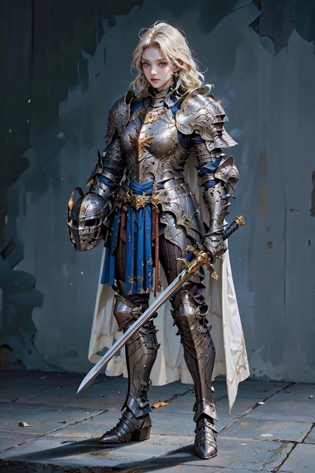 (masterpiece:1.2, best quality), (photorealistic:1.2, intricate details), Sword_Helm, 1girl, solo, looking at viewer, holding, standing, full body, weapon, sword, cape, holding weapon, armor, ((holding sword)), helmet, shoulder armor, gauntlets, headwear removed, pauldrons, breastplate, vambraces, cape, greaves, knight, full armor, helmet removed, ((holding helmet)), plate armor <lora:Sword_Helm-15:0.6>