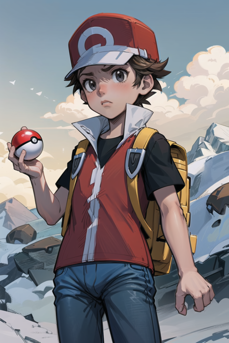 masterpiece, best quality, <lora:RedLora:0.7>, 1boy, solo, red \(pokemon\), (AS-Younger:1.3), serious, black shirt, red vest, red hat, jeans, standing on a mountain, snow, yellow backpack, holding poke ball, closed mouth,