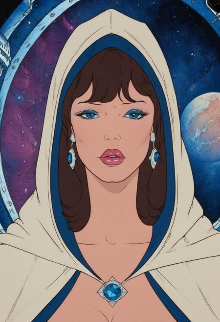 <lora:HeavyMetalStyle-000009:1>,Flat 2D Art,simple flat color,2-dimensional,heavymetalstyle,Flat 2D Art Style,(Hooded cloak with bioluminescent patterns, Enchantress, Short, Skinny, Diamond-Shaped Face, Fair Skin, Brunette Hair, Blue Eyes, Short Nose, Pouty Lips, Sharp Chin, Shoulder-Length Hair, Thick Hair, Middle Part Bangs, large breasts, Hoop earrings, rose cream lipstick, A view of distant space stations, with their intricate structures floating in zero gravity:1.1),