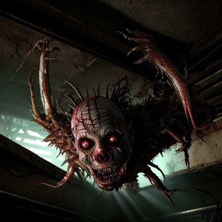 Realistic, horror style, illogical creature with rotten skin, crawling upside down on the roof of a dark basement, with light ray, gore aesthetic, scary, 6 arms, view from the bottom