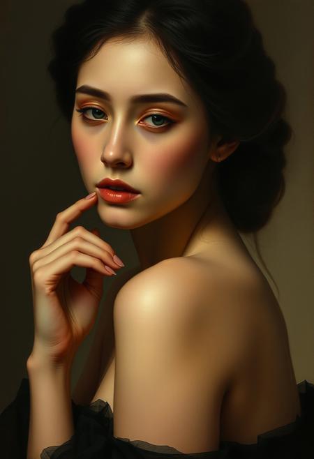 Dark secret, refined portraiture, young women, idealized expressions, graceful poses, smooth polished brushwork, luminous skin tones, porcelain quality, warm subtle color palette, elegance and beauty, serene introspective mood, quiet refinement